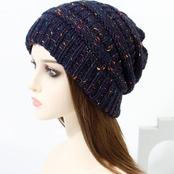 NEW! Cute Confetti Knit Minimalist Women's Beanie Hat Toboggan Cap Navy Speckled - Picture 1 of 2